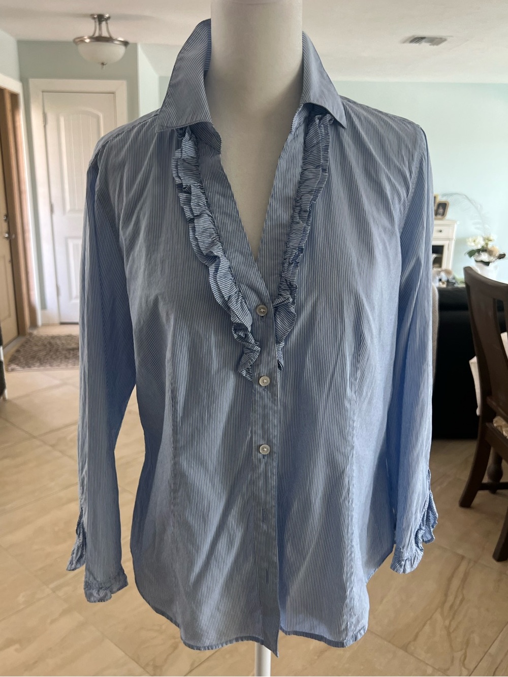 Talbots Haberdashery Blue White Striped Cotton Silk Ruffle Blouse - Size 8P